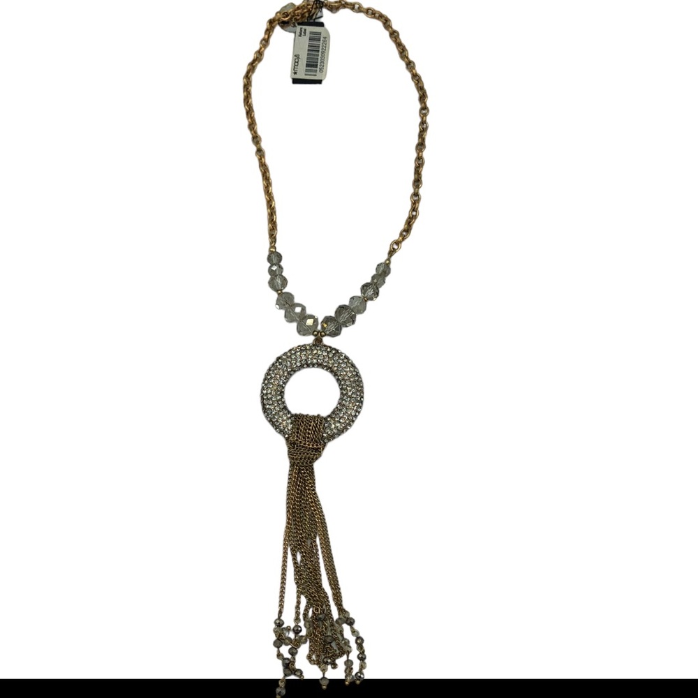 Gold Tone Y Necklace clear Beads Pave Rhinestones on Circle Charm beaded tassel